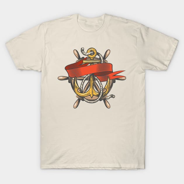 Anchor with ribbon and steering wheel Emblem T-Shirt by devaleta